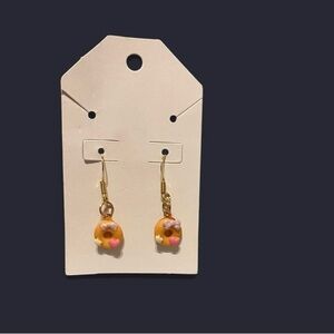 Gold-Tone Donut Charm Drop Earrings with Pink Heart Accent